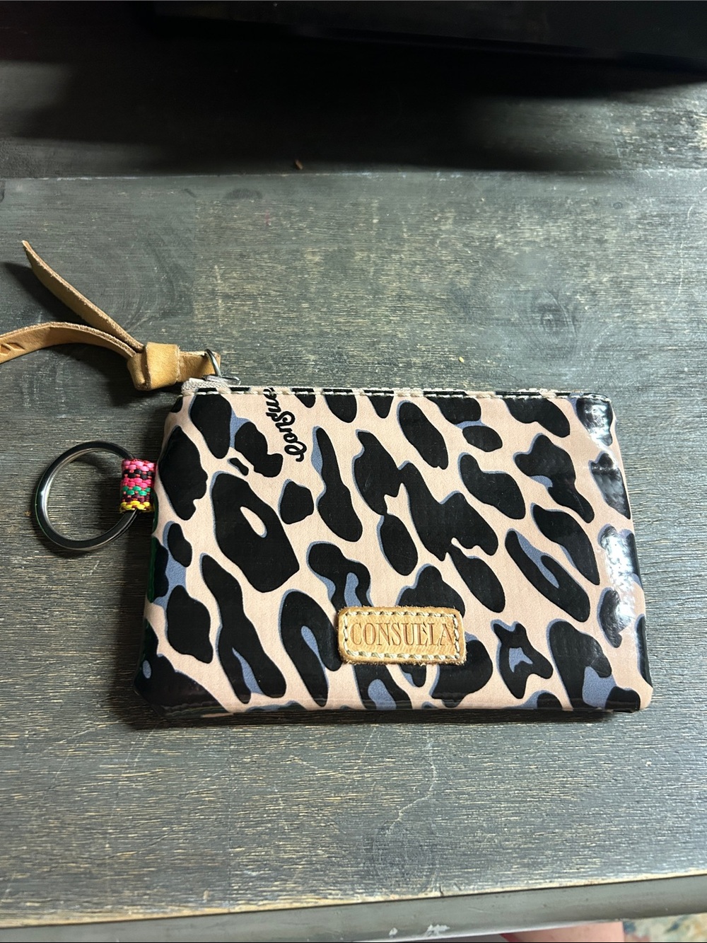 Consuela Mona Pouch Black and Pink Leopard Print Zip Wristlet